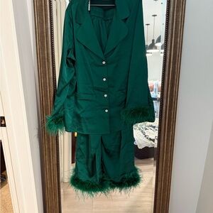 NADINE MERABI Emerald Satin Set with Feather Detail